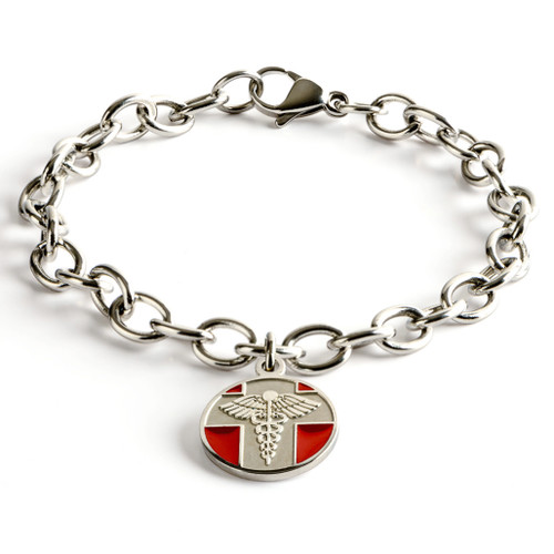 Red and Silver Medical Charm with Stainless Steel Chain Bracelet