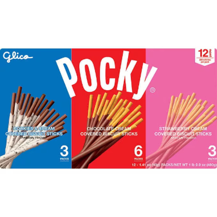 Glico Pocky Cream Covered Biscuit Sticks, Variety Pack, 1.41 oz, 12 ct
