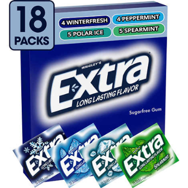 Extra Mint Sugar Free Chewing Gum, Variety Pack, 15 sticks, 18 ct