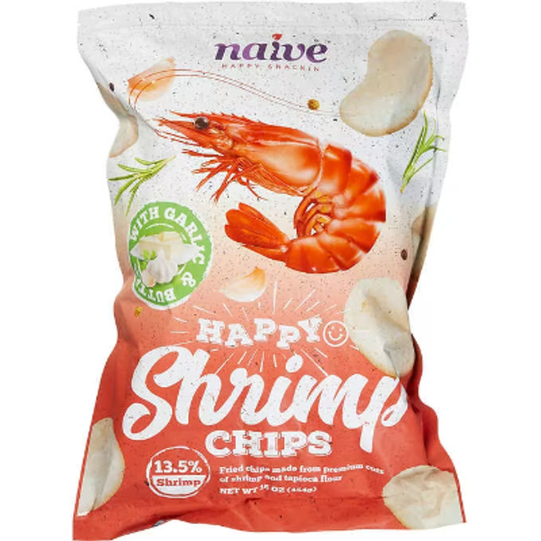 Naive Happy Shrimp Chips, Garlic & Butter, 16 oz