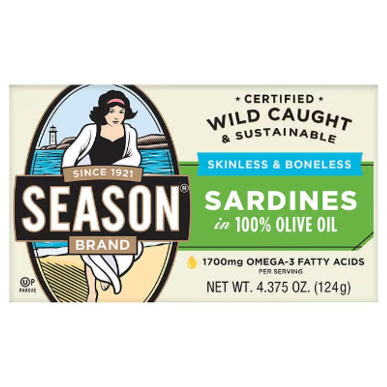 Season Skinless and Boneless Sardines in 100% Olive Oil, 4.375 oz, 6 ct