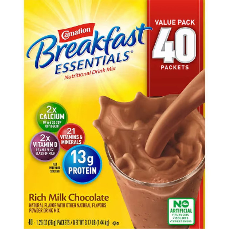 Carnation Breakfast Essentials Drink Mix, Rich Milk Chocolate, 1.26 oz, 40 ct