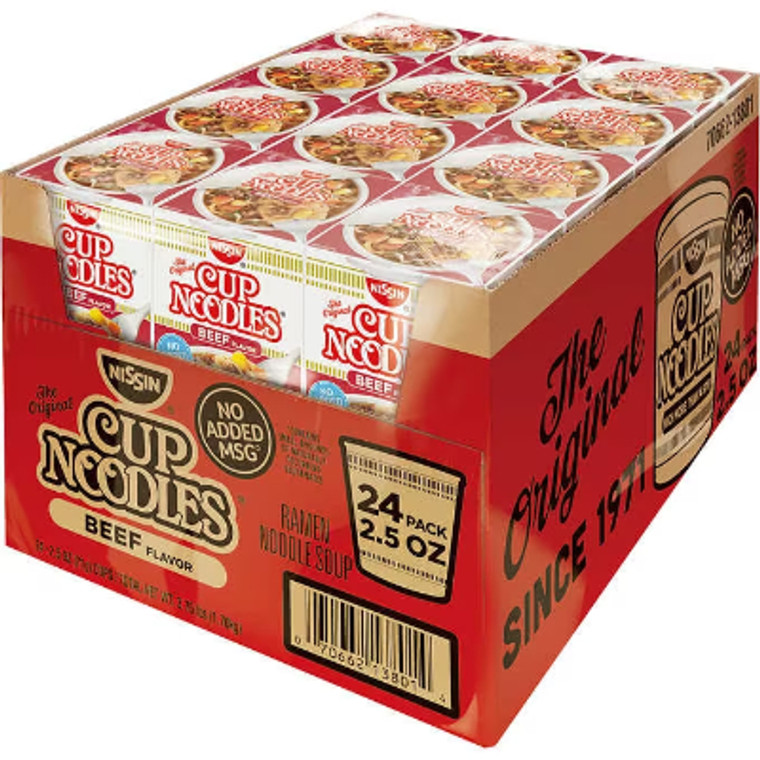 Nissin Cup Noodles Flavored Soup, Beef, 2.5 oz, 24 ct