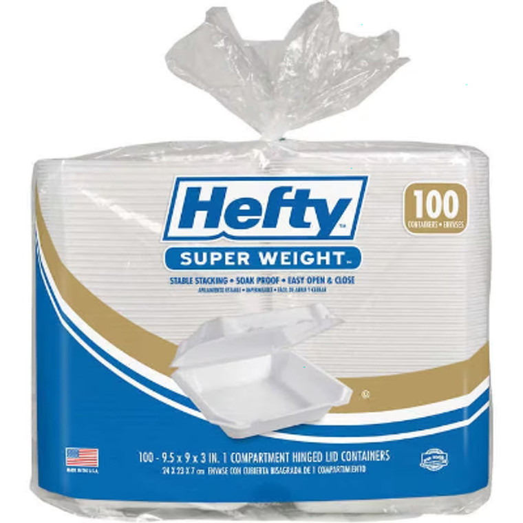 Hefty Foam Super Weight Container, 9"W x 9"L, White, 100 ct