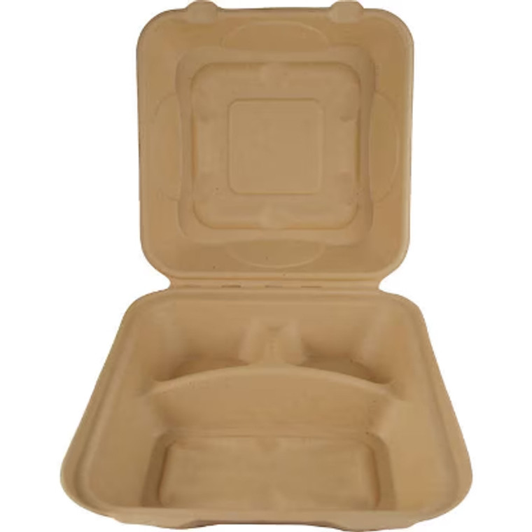 World Centric Compostable 3-Compartment Tray, 9" x 9", Kraft, 100 ct