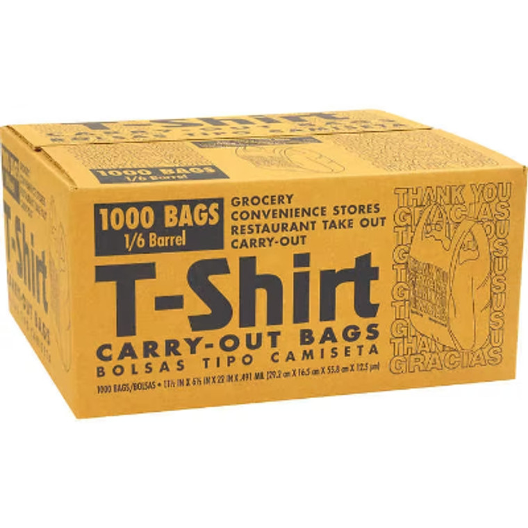 Poly-America Thank You/Gracias T-Shirt Carry-Out Bags, 1/6 Barrel, 1000 ct