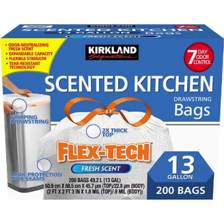 Kirkland Signature Scented Kitchen Drawstring Trash Bags, Flex-Tech, White, Fresh Scent, 13 Gallon, 200 ct