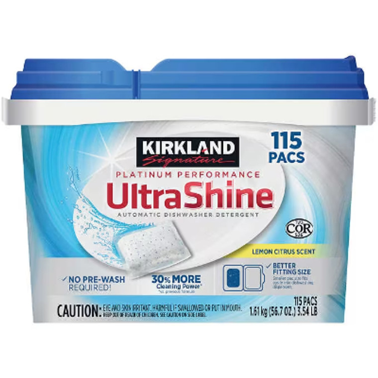 Kirkland Signature Platinum Performance UltraShine Dishwasher Detergent Pacs, Lemon Citrus, 115 ct