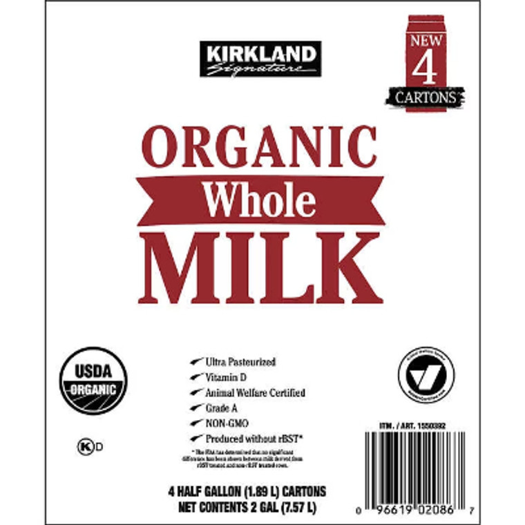 Kirkland Signature Organic Whole Milk, Half Gallon, 4 ct