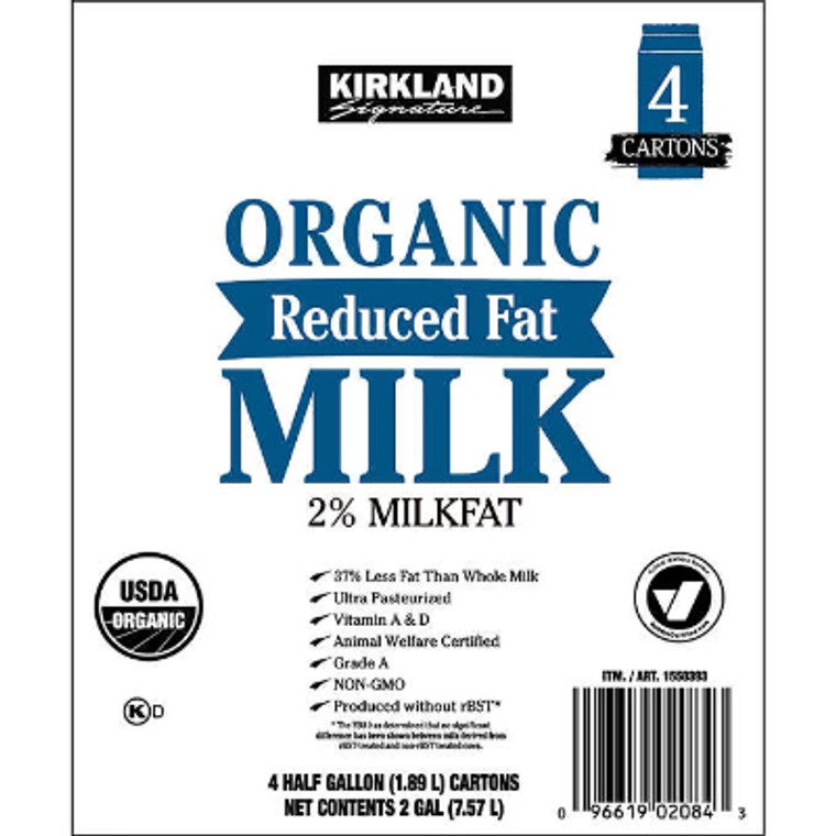 Kirkland Signature Organic 2% Reduced Fat Milk, Half Gallon, 4 ct