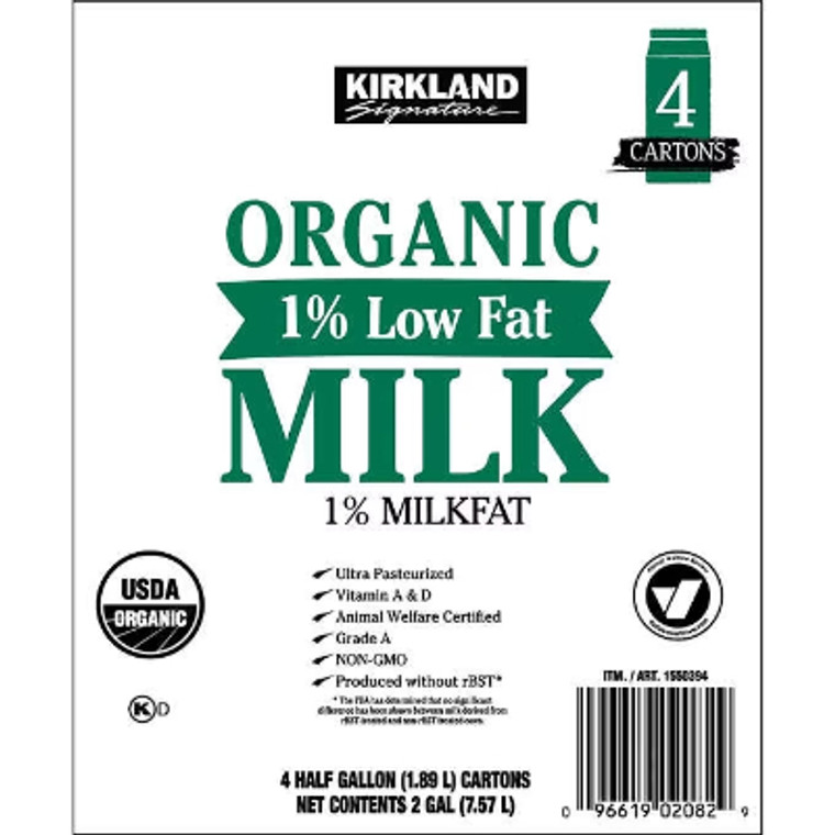 Kirkland Signature Organic 1% Low Fat Milk, Half Gallon, 4 ct