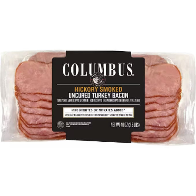 Columbus Uncured Turkey Bacon, Hickory Smoked, Sliced, 2.5 lbs