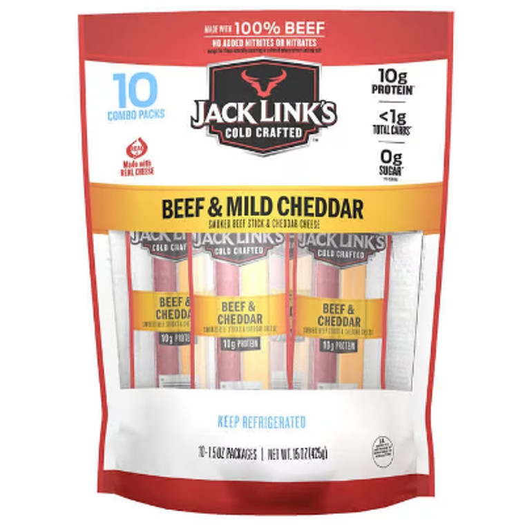 Jack Link's Cold Crafted Beef & Mild Cheddar Cheese Snack Sticks, 1.5 oz, 10 ct