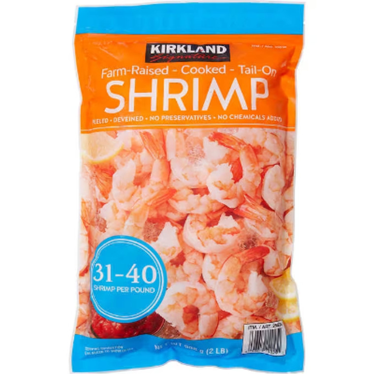 Kirkland Signature Farm-Raised Cooked Shrimp, Tail-On, Peeled, Deveined, 31-40 ct, 2 lbs