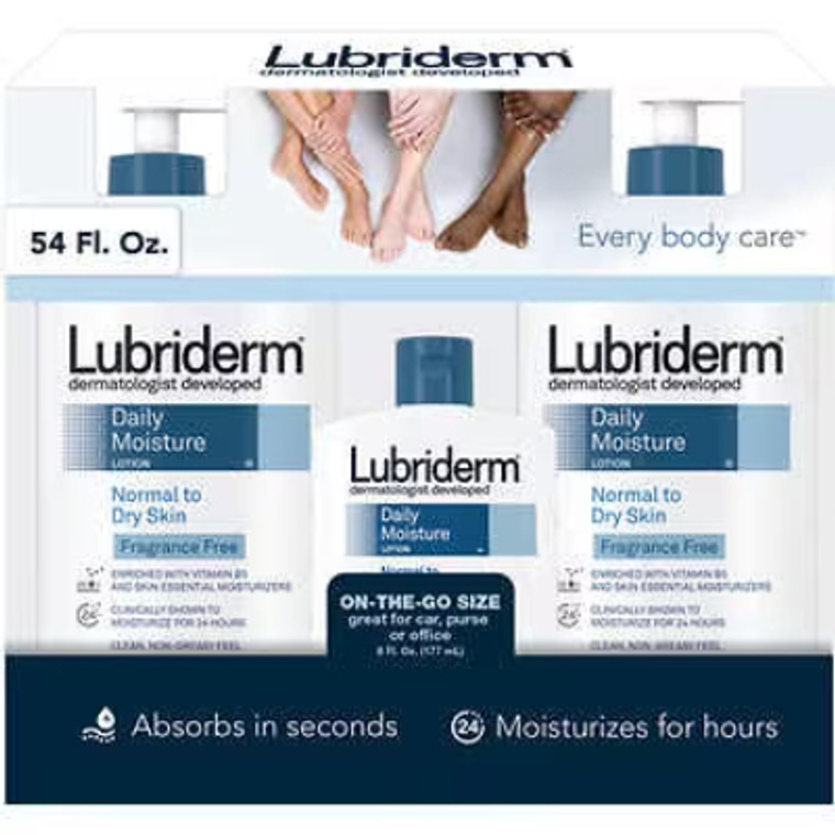 Lubriderm Dermatologist Developed Fragrance Free Daily Moisture Lotion, 24 fl oz, 2 ct + 6 fl oz, 1 ct