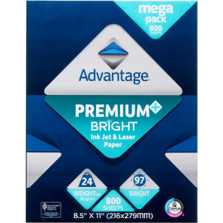 Advantage Premium Bright Inkjet & Laser Paper, 97 Bright, 24 lb, White, 8-1/2" x 11", 1 Ream, Mega Pack 800 Sheets