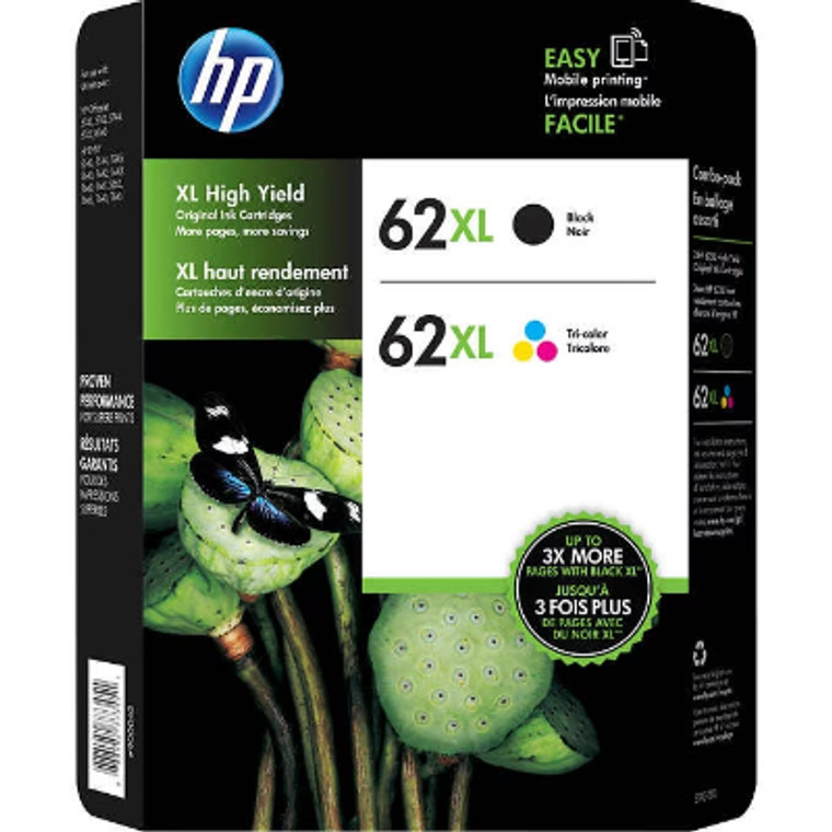 HP 62XL Ink Cartridge, High Yield, Black/Tri-Color, 2 pk
