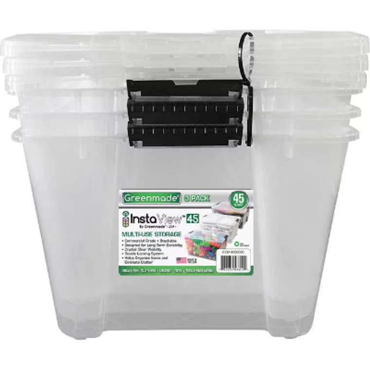 Greenmade InstaView 45 Multi-Use Storage Bin, 45 Quart, Clear, 3 ct