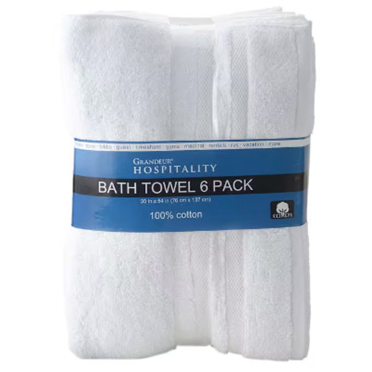 Grandeur Hospitality 100% Cotton Bath Towels, White, 6 ct