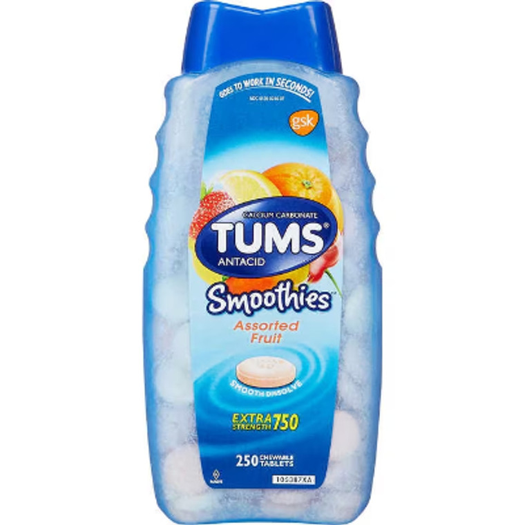 TUMS Smoothies Antacid, Extra Strength 750mg, Assorted Fruit, 250 ct