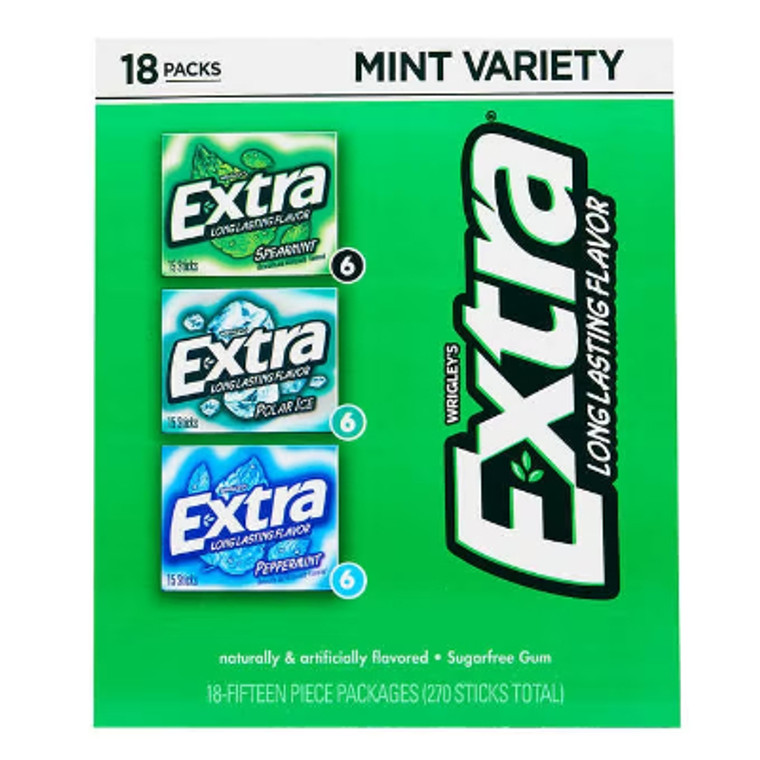 Extra Sugar Free Chewing Gum, Mint Variety Pack, 15 Sticks, 18 ct