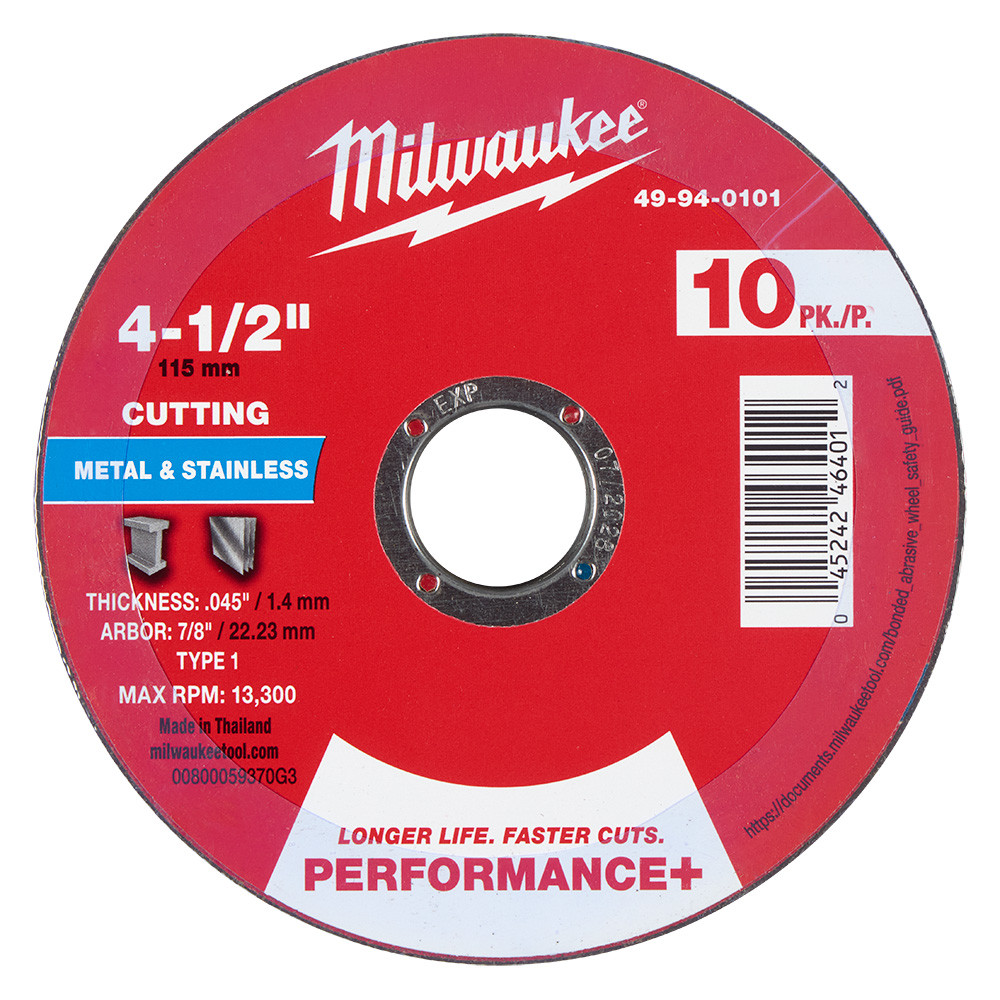 Milwaukee 49-94-0101 4-1/2 in. x .045 in. x 7/8 in. Performance+ Metal Cut Off Wheel - Type 1 10pk