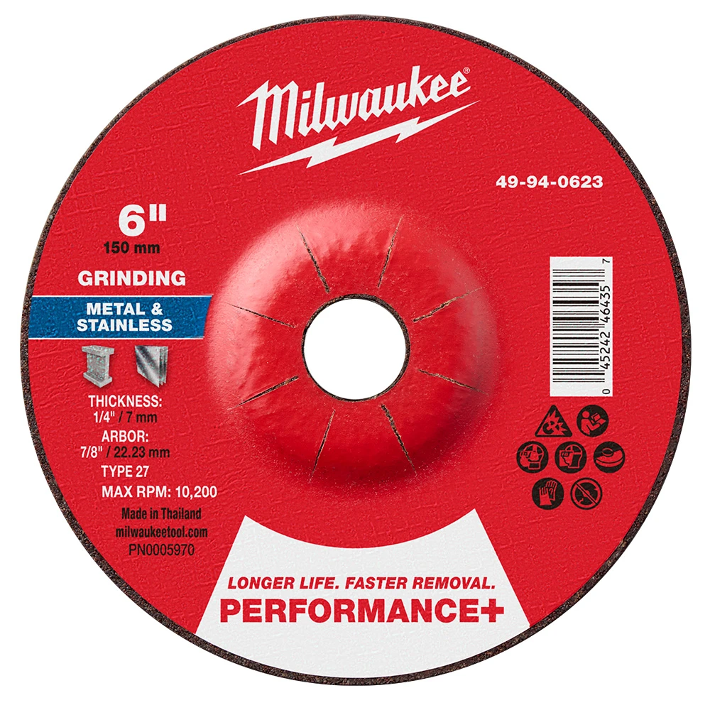 Milwaukee 49-94-0623 6 x 1/4 x 7/8 Performance+ Metal Grinding Wheel - Type 27 10pk