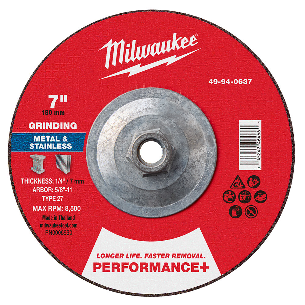 Milwaukee 49-94-0637 7 x 1/4 x 5/8-11 Performance+ Metal Grinding Wheel - Type 27 5 pk