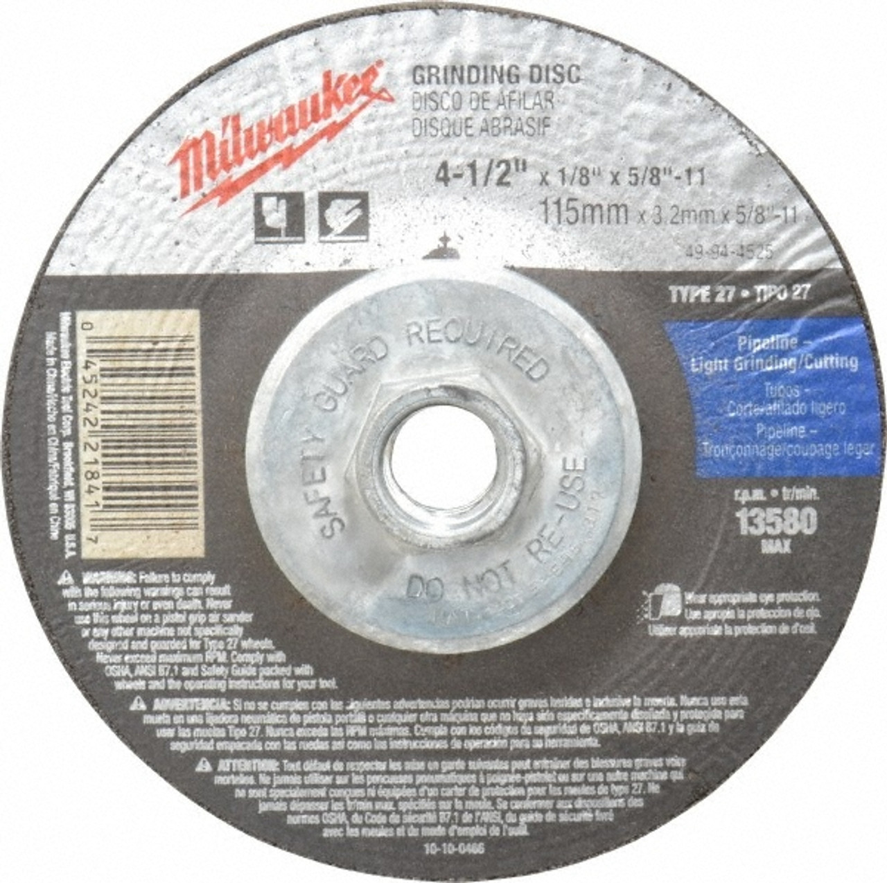 Milwaukee 49-94-4525 4-1/2 in. x 1/8 in. x 5/8-11 in. Grinding Wheel