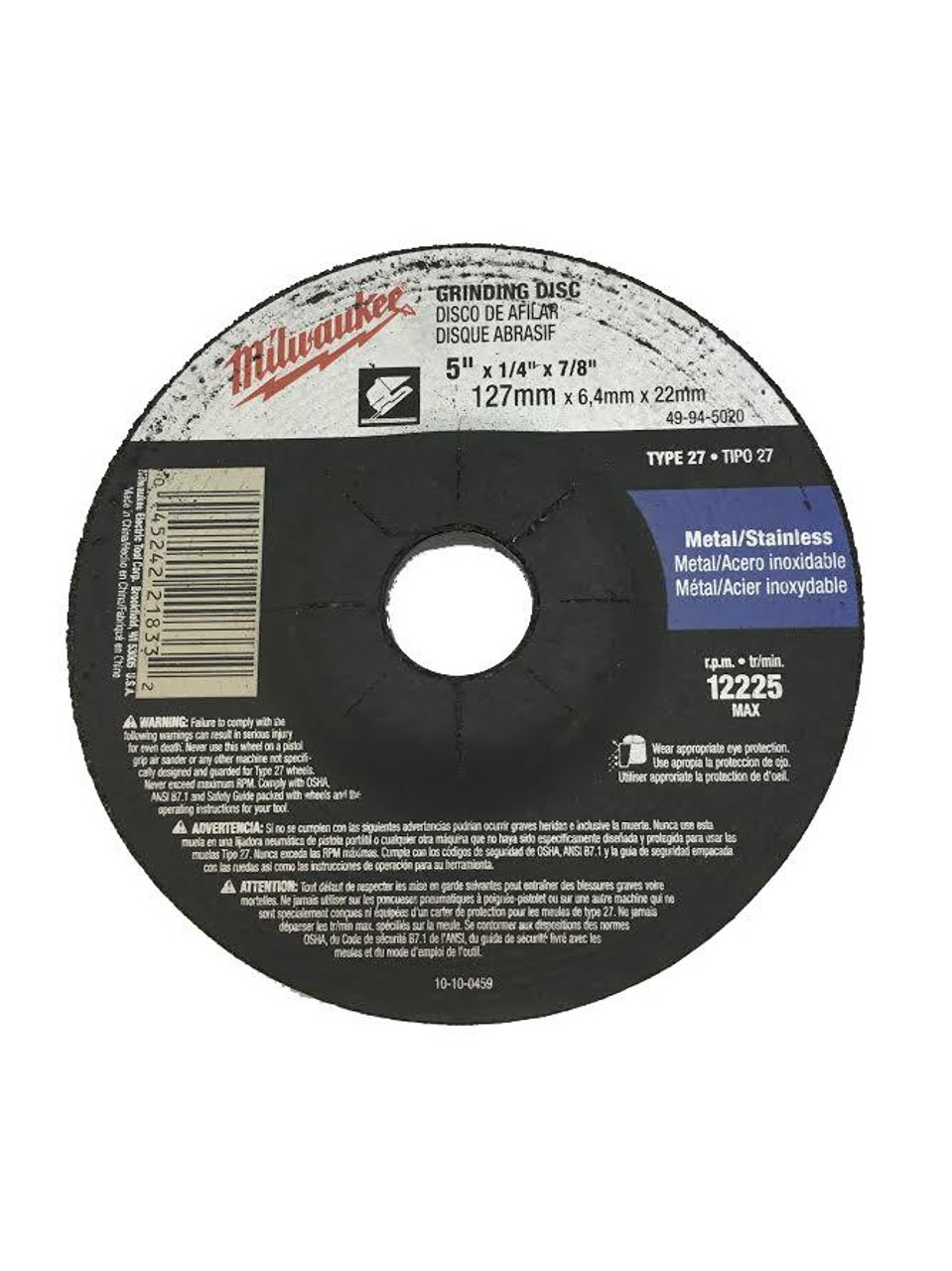 Milwaukee 49-94-5020 5 in x 1/4 in x 7/8 in Grinding Wheel (Type 27)