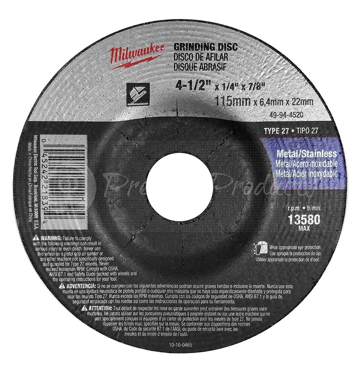 Milwaukee 49-94-4520 4-1/2 in x 1/4 in x 7/8 in Grinding Wheel Type 27