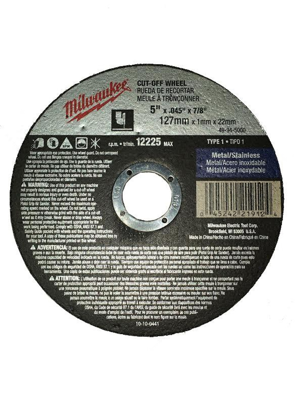 Milwaukee 49-94-5000 5 in. x .045 in. x 7/8 in. Cut-Off Wheel (Type 1)