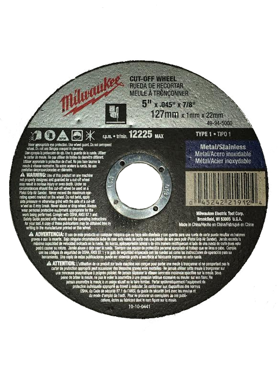 Milwaukee 49-94-5000 5 in. x .045 in. x 7/8 in. Cut-Off Wheel (Type 1)