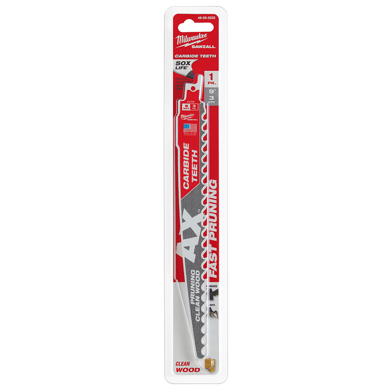 Milwaukee 48-00-5232 9 in. 3 TPI The AX w/ Carbide Teeth for Pruning and Clean Wood 1PK
