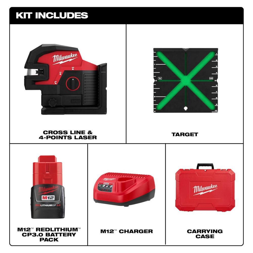 3624-21 M12 Green Cross Line and 4-Points Laser | Milwaukee Tools