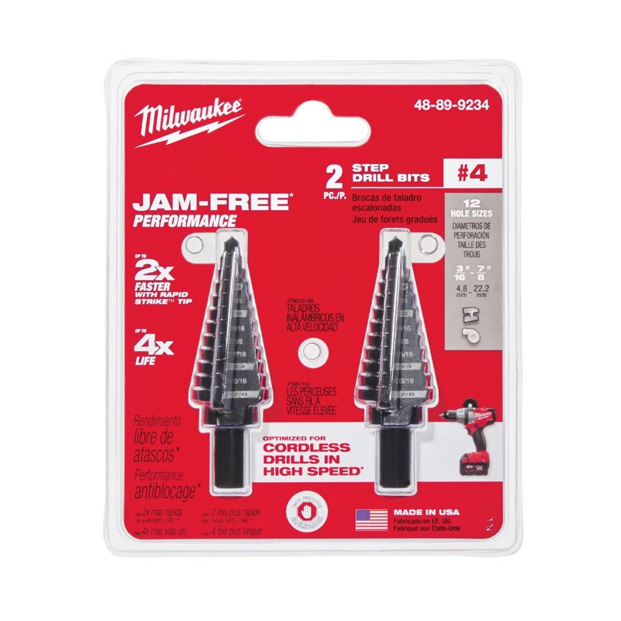Milwaukee 48-89-9234 #4 Step Drill Bit, 3/16 in - 7/8 in, 1/16 in 2 Pk
