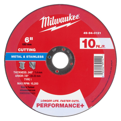 Milwaukee 49-94-0121 6 in. x .045 in. x 7/8 in. Performance+ Metal Cut Off Wheel - Type 1 10pk