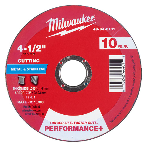 Milwaukee 49-94-0101 4-1/2 in. x .045 in. x 7/8 in. Performance+ Metal Cut Off Wheel - Type 1 10pk