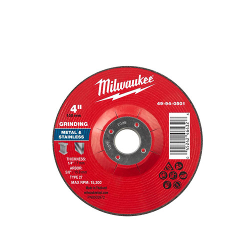 Milwaukee 49-94-0501 4 in. x 1/4 in. x 5/8 in. Metal Grinding Wheel - Type 27 10pk