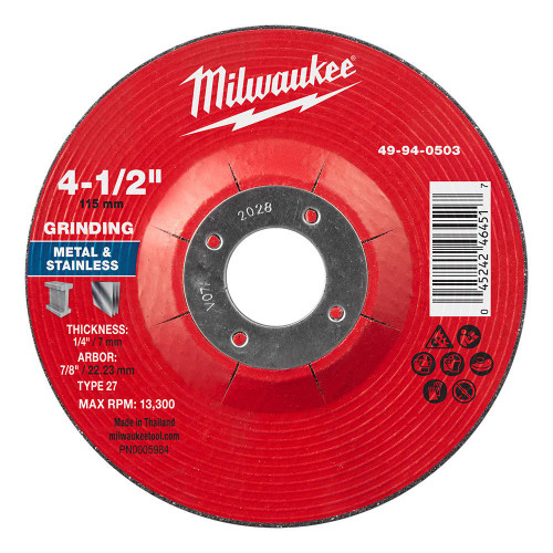 Milwaukee 49-94-0503 4-1/2 in. x 1/4 in. x 7/8 in. Metal Grinding Wheel - Type 27 10pk