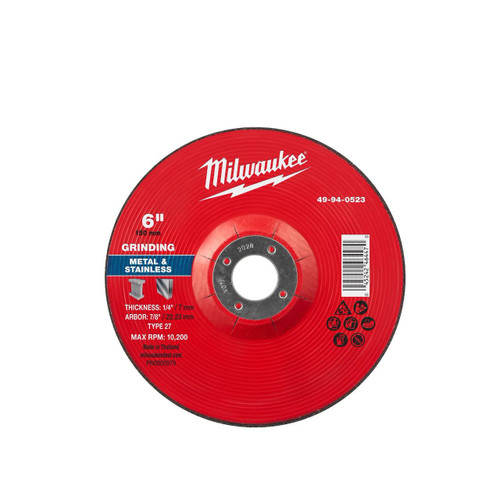 Milwaukee 49-94-0523 6 in. x 1/4 in. x 7/8 in. Metal Grinding Wheel - Type 27 10pk