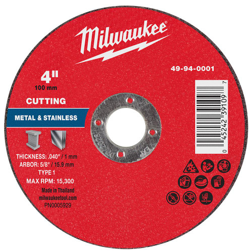 Milwaukee 49-94-0001 4 in x .040 in x 5/8 in Metal Cut Off Wheel Type 1 25 pk
