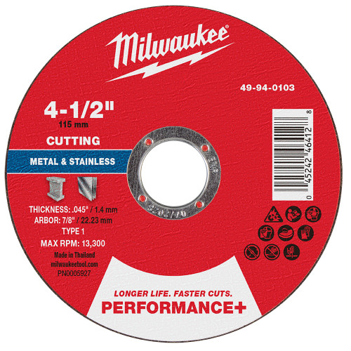 Milwaukee 49-94-0103 4-1/2 in x .045 in x 7/8 in Performance+ Metal Cut Off Wheel - Type 1 25pk