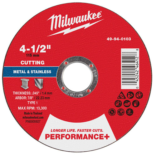 Milwaukee 49-94-0103 4-1/2 in x .045 in x 7/8 in Performance+ Metal Cut Off Wheel - Type 1 25pk