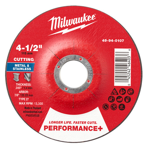 Milwaukee 49-94-0107 4-1/2 in x .045 in x 7/8 in Performance+ Metal Cut Off Wheel - Type 27 25pk