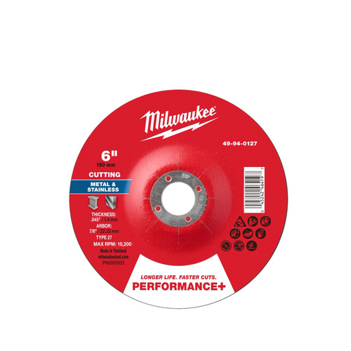 Milwaukee 49-94-0127 6 in x .045 in x 7/8 in Performance+ Metal Cut Off Wheel - Type 27 25pk