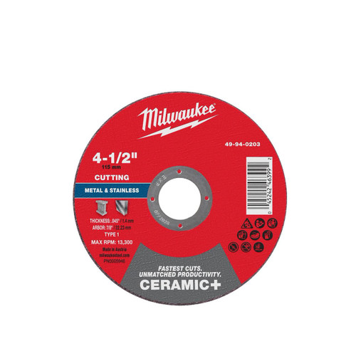 Milwaukee 49-94-0203 4-1/2 in x .045 in x 7/8 in Ceramic+ Metal Cut Off Wheel -Type 1 25pk