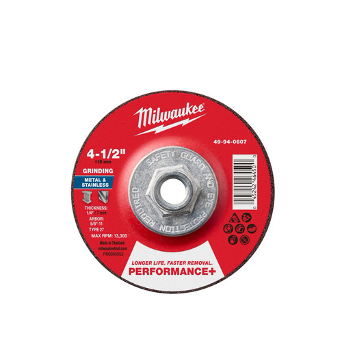 Milwaukee 49-94-0607 4-1/2 in x 1/4 in x 5/8-11 Performance+ Metal Grinding Wheel Type 27 - 5pk