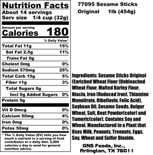 Sesame Sticks Nutritional