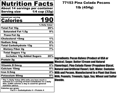 Pina Colada Pecans Nutritional